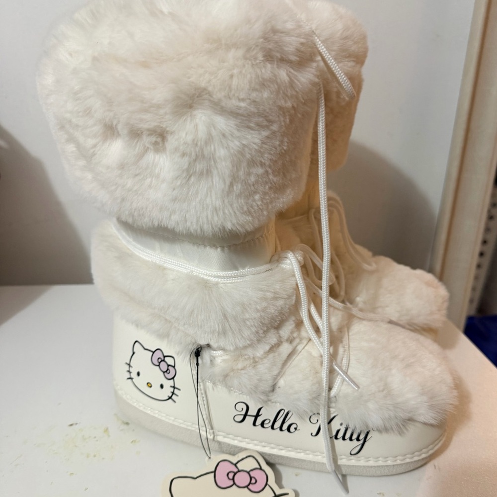 Hello Kitty Cream Faux-Fur Boot Slippers with Pink Bow Accent